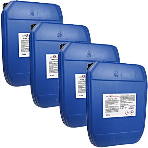 well2wellness Stabilisiertes Flüssigchlor | Chlor Liquid | Chlorbleichlauge für Schwimmbäder mit 13% Aktivchlor | Stabilisiert | Desinfiziert und tötet Bakterien | Made in Germany | 4 x 25 kg