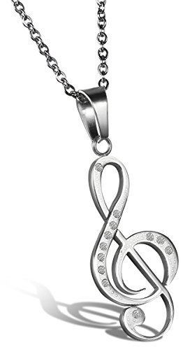 JewelryWe Schmuck Damen Halskette, Exquisite Strass Musik Note Notenschlüssel Anhänger mit 45cm Kette, Edelstahl, Silber