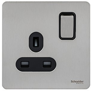 Schneider Electric Ultimate Screwless Flat Plate - Switched Single Power Socket, 13A, GU3410BSS, Stainless Steel with Black Insert, 1 Gang