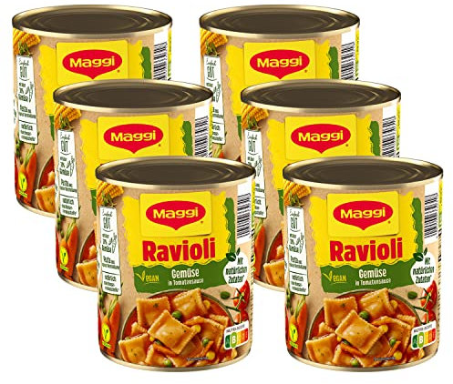 MAGGI Gemüse-Ravioli in Tomatensauce: Teigtaschen in Tomaten-Gemüsesauce, ohne Fleisch (vegan), leckeres Camping-Essen, 6er Pack (6 x 800g)