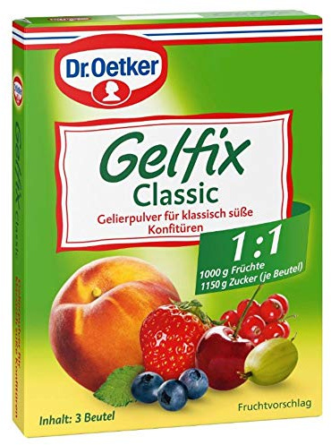 Dr. Oetker Gelfix Classic 1:1, 60 g (3 Beutel je 20 g), Gelierpulver für klassisch süße Konfitüre, traditionelles Geliermittel, Konfitüren, Marmeladen & Gelees selber machen, gleiches Verhältnis von Frucht und Zucker, vegan