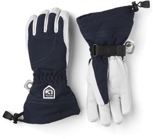 Hestra Heli Ski Damen-Handschuh, klassischer 5-Finger-Leder-Schneehandschuh zum Skifahren, Snowboarden und Bergsteigen (Damenpassform), Marineblau/Offwhite, Größe 8