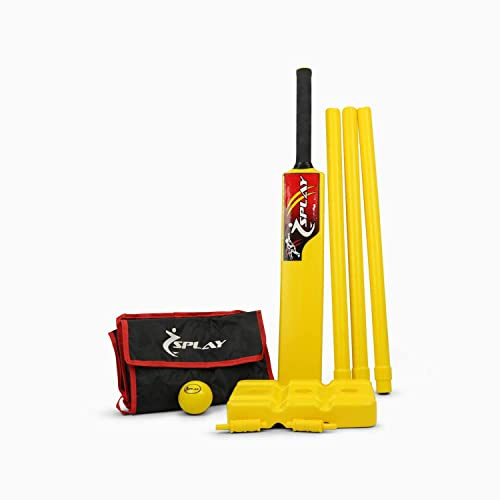 Splay Plastic Cricket Kwik Set for Children and Adults with Carry Bag - Quick Beach Set Suitable for Indoor Outdoor use Yellow Kit. Set includes Plastic Cricket Bat, Stumps Bails Windball, Stump Base and Carry Bag