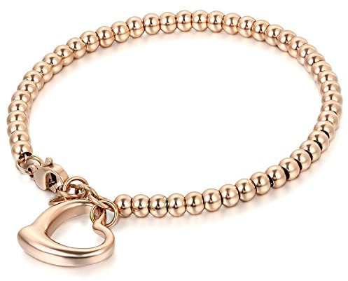JewelryWe Schmuck Charme Damen Kugel Perlen Armband,Handgelenk Kugel Perlenkette mit Herz Anhänger, Edelstahl Armreif, Rosegold