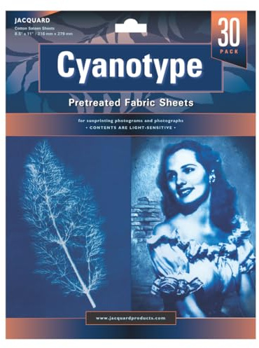 Jacquard Cyanotype Fabric Sheets, Pre-Sensitized Cotton Sateen for Easy Sun Printing, Professional-Quality Fabric Sheets, Just Expose & Rinse, Create Stunning Cyanotype Prints with UV Light, 30-Pack