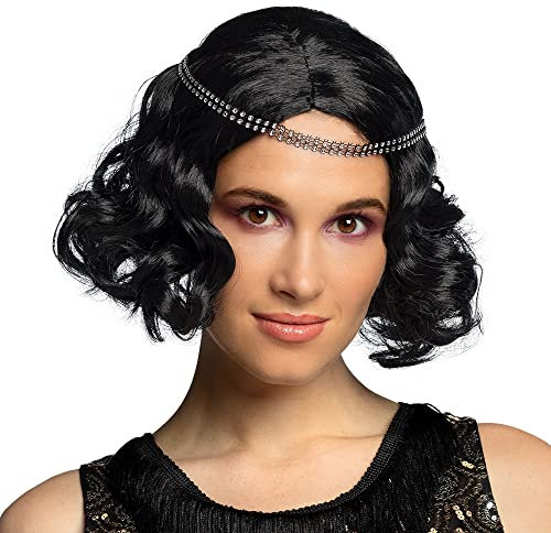 Boland 85797 - Perücke Flapper mit Stirnband, Schwarz, lockig, kurz, Glitzerband, Kunsthaar, für Erwachsene, für Damen, Accessoire, Kostümzubehör, Charleston, 1920s, 20er Jahre, Mottoparty, Karneval