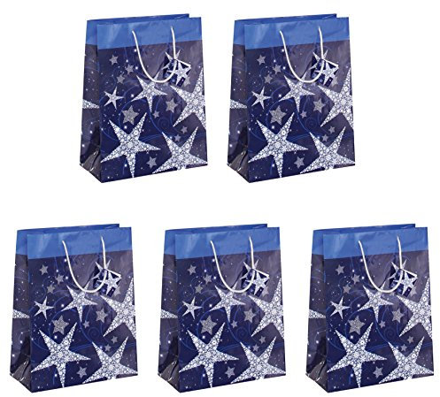 Sigel GT025/5 große Papier-Geschenktüten 33 x 26 cm, Weihnachten 5er Set, blau, Shining stars, Papier-Geschenktaschen Weihnachten
