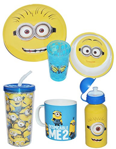alles-meine.de GmbH 6 TLG. Geschirrset Minions - Melamin Trinkbecher + Teller + Müslischale + Trinkflasche + Tasse + Sommerbecher - Kindergeschirr Frühstücksset Minion ich einfac..