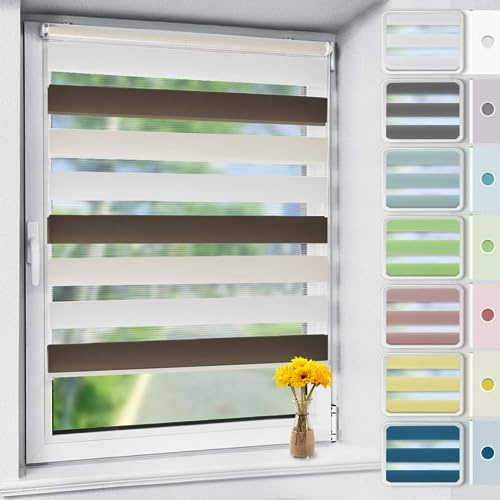 OUBO Doppelrollo Klemmfix ohne Bohren Duo Rollos für Fenster & Türen (Weiß-beige-braun, 85cm x 150cm), Klemmrollo Seitenzugrollo Sicht und Sonnenschutz, Lichtdurchlässig und Verdunkelnd.