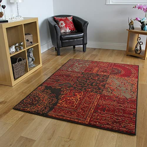 The Rug House Milan Traditioneller Teppich mit Patchwork-Muster für das Wohnzimmer in Rot-, Braun-, Grau- und Orangefarbtönen 240cm x 330cm