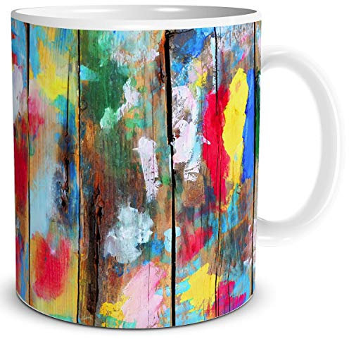 TRIOSK Maler Tasse mit Holz Wand Kunst Malerei Holzoptik Kunterbunt Geschenk lustig für Frauen Männer Malermeister Künstler, Keramik 300ml