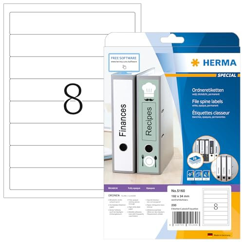 HERMA 5160 Ordnerrücken Etiketten kurz schmal, 25 Blatt, 192 x 34 mm, 8 pro A4 Bogen, 200 Stück, selbstklebend, bedruckbar, blickdicht, blanko Papier Ordneretiketten Rückenschilder Aufkleber, weiß