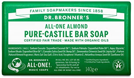 Dr Bronner's 3-in-1 Almond Pure Castile Bar Soap, Made with Organic Oils, Used for Face, Body and Hair, Certified Fair Trade & Vegan Friendly, 140g Bar
