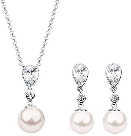 Damen Schmuckset mit Perle, Halskette mit Anhänger und Ohrhänger aus Glas Perlen und Zirkonia Tropfen, Damen Kette und Ohrring Set für Frauen, 925 Sterling Silber
