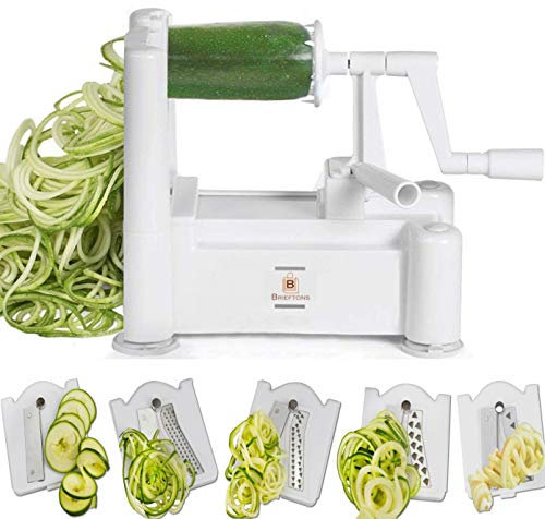 Brieftons 5-Blade Spiralizer: Strongest-and-Heaviest Duty Vegetable Spiral Slicer, Best Veggie Pasta Spaghetti Maker for Low Carb/Paleo/Gluten-Free Meals, with 3 Exclusive Recipe eBooks