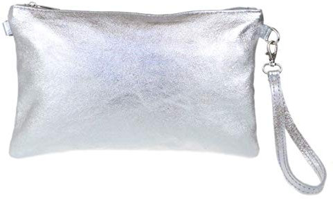 Girly Handbags Womens Genuine Italian Metallic Leather Clutch Bag - Silver