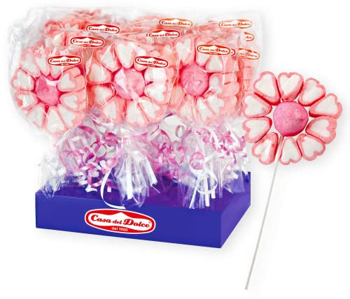 CASA DEL DOLCE Spiedino Mallow Flower, Marshmallow Rosa, Display da 12 Pezzi, Incartati Singolarmente, Confezione da 600 Grammi, Made in Italy, Senza Glutine, Idee Regalo per Regalo Compleanni e Feste
