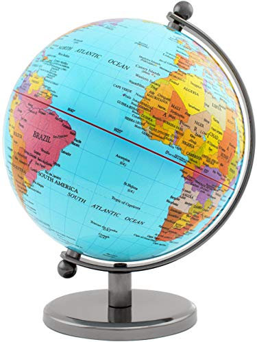 BRUBAKER Designer Globus - Deko Planet 19 cm hoch - Weltkugel mit politischer Karte - Büro Dekoration mit Fuß und Meridian aus Edelstahl - Hellblau