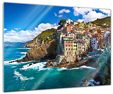 Bilderdepot24 Glasbild - Riomaggiore Fischerdorf Cinque Terre I - 60x40 cm - Deko Glas - Wandbild - Bild auf Glas - moderne Glasbilder - Glasfoto - Echtglas - kein Acryl - Handmade