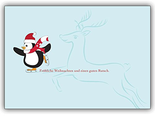 Fröhliche Weihnachtskarte mit Schlittschuh laufendem Pinguin mit Rentier auf Eis • als festliche Weihnachts Klappkarte zum Jahres-Ende für Familie und Firma