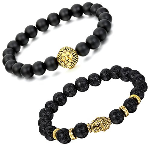 Aroncent 2PCS Herren Damen Lava Armband, Tibetische Gold Buddha-Kopf Löwenkopf Gebet Mala Kugel Perle Energietherapie Armreif Armschmuck Handgelenk, Metalllegierung, Schwarz