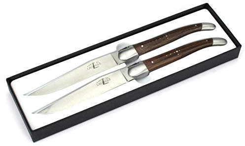 Forge de Laguiole - Set Zwei Steakmesser - Griff fossile Mooreiche - Edle Tafel-Messer - Stahl matt