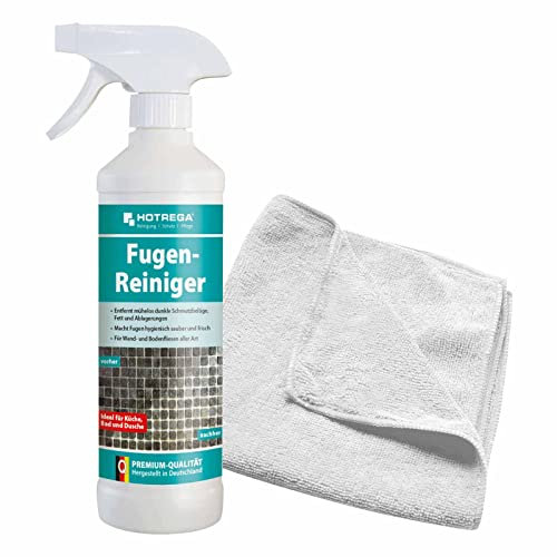 HOTREGA Fugenreiniger 500 ml - Reinigungsmittel Spray, Fugen, Auffrischer, Fliesenreiniger, Fugenspray, Reinigungsspray (500ml inkl. Microfasertuch)