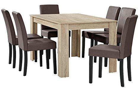 [en.casa] Esstisch Eiche hell mit 6 Stühlen braun Kunstleder gepolstert 140x90 Essgruppe Esszimmer