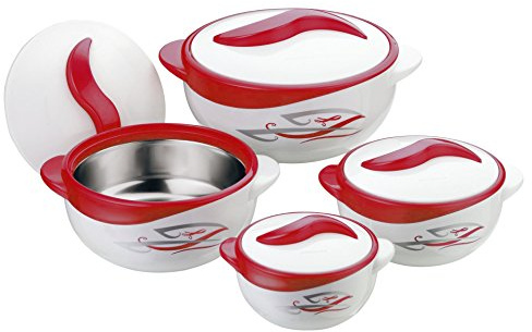 Pinnacle Thermoware Pinnacle Parisa Runde wärmeisolierte Lebensmittelaufbewahrung, Hot Pot Auflaufformen-Set, 4-teilig, Edelstahl, weiß/rot, 44 x 23.2 x 14.7 cm