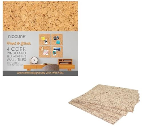 Nicoline PB-SA/W Self Adhesive Cork Pin Board Tiles - Noticeboard Messages - 4 Pack, Light Brown, 30 x 30 centimetres