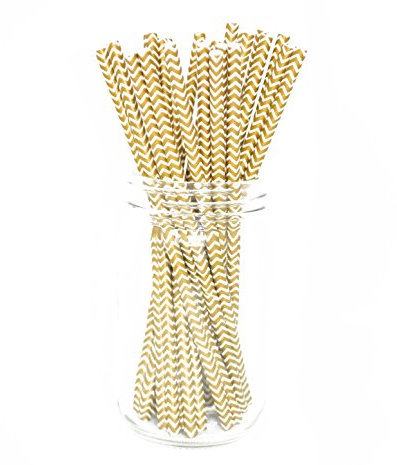 Premium Paper Straws [Pack of 25 Drinking Straws] by Picture Perfect Party (Gold Chevron)