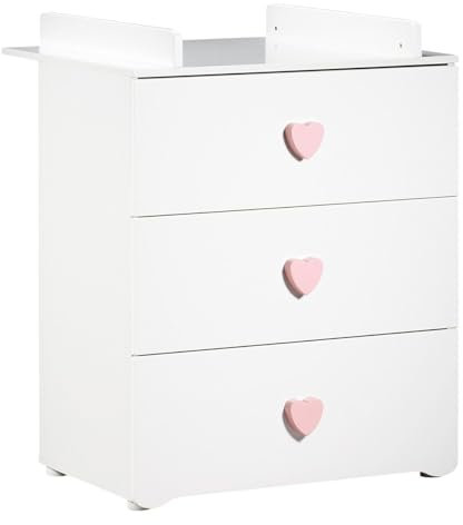 BABY PRICE Commode bébé | Commode 3 tiroirs | Plan à Langer Inclus | Boutons Coeur Rose Basic | 76 x 97 x 66 cm | Fabriqué en France | Babyprice par Sauthon