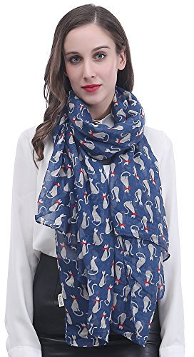 Lina & Lily Damen Schal Tuch mit Katzen Muster (Blau)