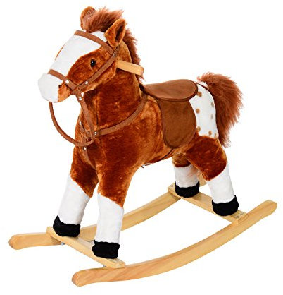 HOMCOM Caballito Balancín de Felpa Suave para Niños de 3-6 Años con Sonidos de Relincho 74x28x65 cm Marrón