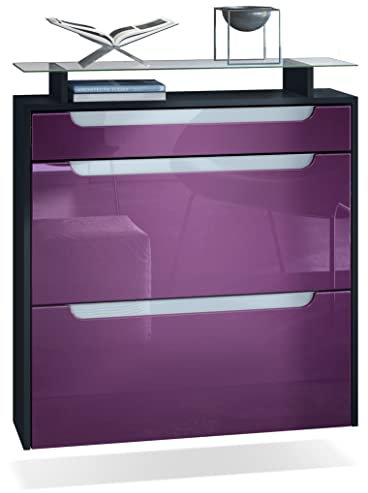 Vladon Zapatero Annie para 16 Pares de Zapatos con 2 Puertas abatibles y Estante de Cristal, Zarzamora de Alto Brillo/Negro Mate (89 x 96 x 23 cm)