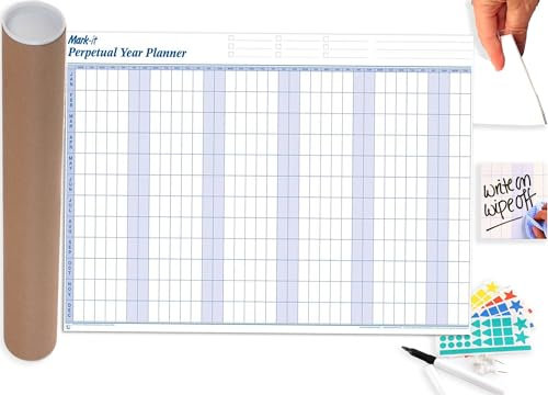 Mark-IT Perpetual Year Wall Planner with Repositionable Date Strips - Large 90cmx60cm - Write On & Wipe Off-Laminated Reusable Wall Planner Calendar Ideal for Office, School, University, Home
