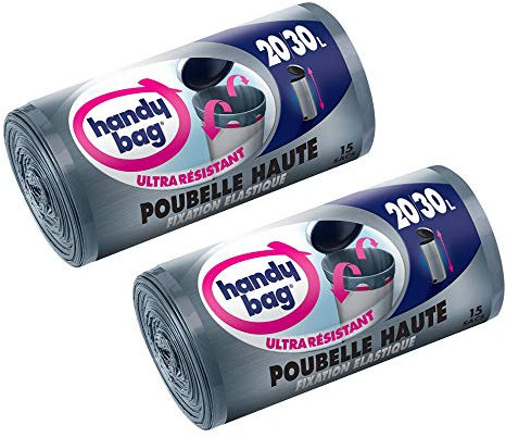 Handy Bag 2 Rouleaux de 15 Sacs Poubelle 30 L, Pour Poubelles Hautes, Fixation Élastique, Ultra Résistant, Anti-Fuites, 47 x 78 cm,Gris Foncé, Opaque