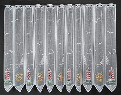 frankgardinen Scheibengardine Leuchtturm 90 cm hoch Breite der Gardine durch gekaufte Menge in 28,5 cm Schritten wählbar (Anfertigung nach Maß) Rot Grün Gelb Vorhang Küche Wohnzimmer