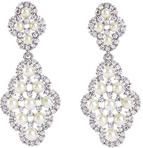Clearine Damen Modern Geometry Rhombus Künstliche Perlen Aushöhlen Chandelier Dangle Statement Ohrringe Silber-Ton