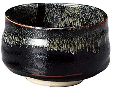 Yamakiikai Mino-yaki Ceramic Iguchi Yuzu Tenmoku Green Black Glaze Matcha Tea Bowl 12cm Made in Japan L1431