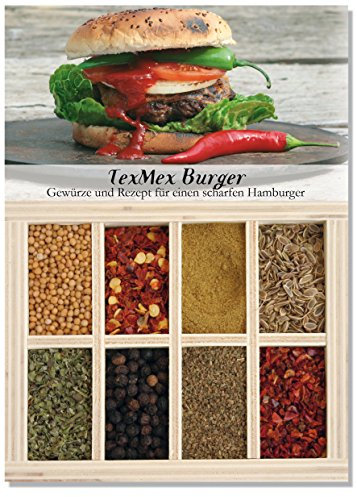 Tex Mex Burger – 8 Gewürze Set für den feurigen Burger (51g) – in einem schönen Holzkästchen – mit Rezept und Einkaufsliste – Geschenkidee für Feinschmecker von Feuer & Glas
