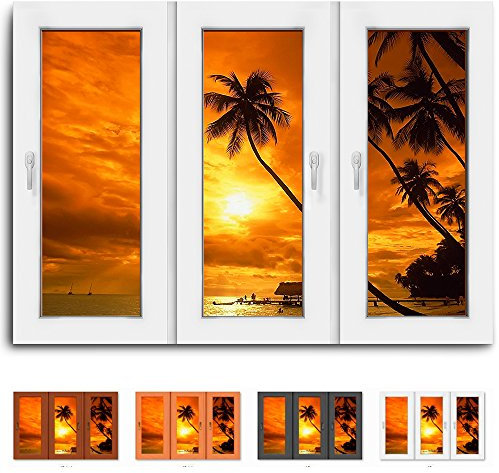 Quadro su tela – Finestra Vista tramonto sul mare – Foto leinwand24/aa0431, Legno, bianco, 150 x 100 cm