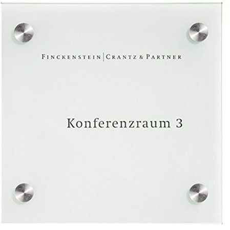 CRISTALLO Türschilder aus Einscheiben-Sicherheitsglas, hochwertige Edelstahlhalter, 2 Glasscheiben à 4 mm, 4 Halter mit 13 mm Durchmesser, Größe (BxHxT): 15,0 x 15,0 x 2,8 cm
