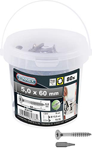 Connex Universalschrauben 5,0 x 60 mm - 80 Stück im Set - Senkkopf - TX-Antrieb - Teilgewinde - Edelstahl rostfrei - Inkl. Bit / Schrauben-Set / Schrauben-Eimer / B30138 | TX-Antrieb – Teilgewinde – Edelstahl rostfrei – Inkl. Bit – Schrauben-Set – Schrauben-Eimer – für Befestigungsarbeiten