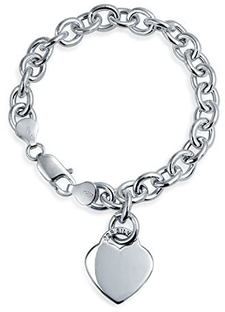 Bling Jewelry Personalizzato Solido Link Forma Cuore Tag Charm Bracciale 8 Pollici Per Le Donne Adolescenti .925 Sterling Silver Made In Italy Personalizzabile