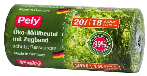 pely 8607 Öko-Müllbeutel mit Zugband, 20 Liter, 18 Stück