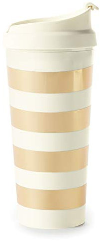 Kate Spade New York Thermal Travel Coffee Mug Tumbler, 16 Ounces, Gold Stripe