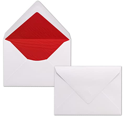 50x Briefumschläge Weiß DIN C6 gefüttert mit Seidenpapier in Rot 100 g/m² 11,4 x 16,2 cm mit Nassklebung ohne Fenster