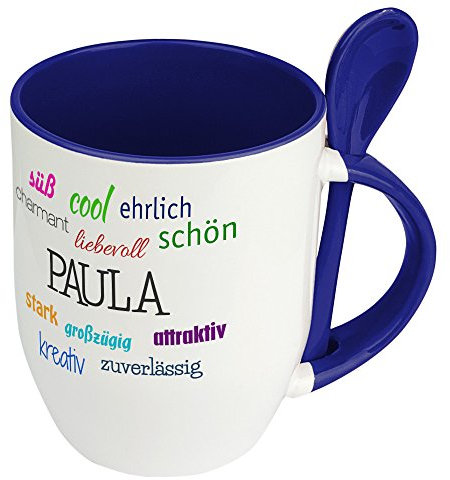 Löffeltasse mit Namen Paula - Positive Eigenschaften von Paula - Namenstasse, Kaffeebecher, Mug, Becher, Kaffeetasse - Farbe Blau