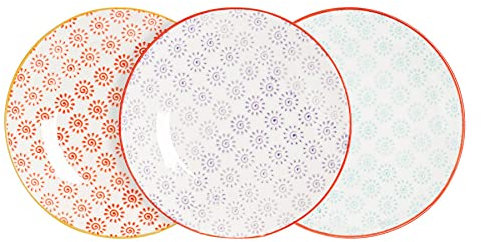 Nicola Spring Hand-Printed Side Plates - 18cm - 3 Colours - Pack of 6 - Porcelain Decorative Patterned Dining Dish Plates for Snacks, Starters, Dinner, Dessert